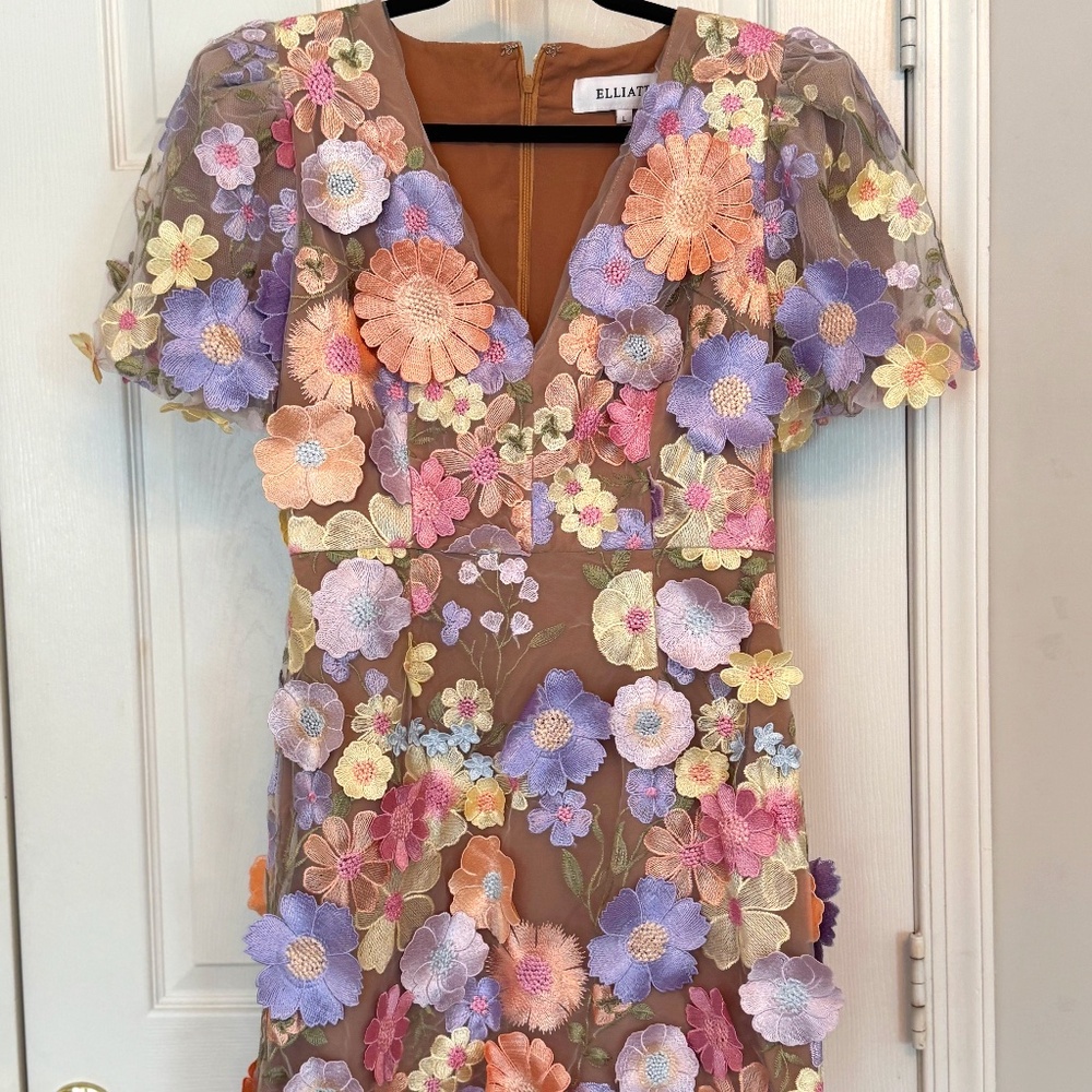 Elliatt Rosalind 3D Floral Embroidered Mini Dress – Pink/Multi – Size L